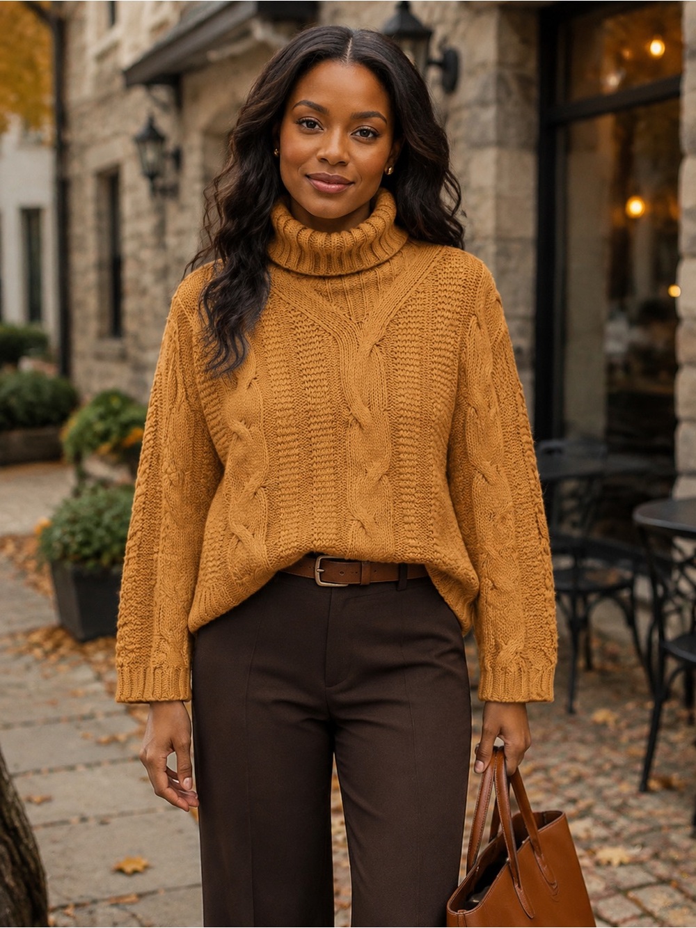 Camel Cable Knit Turtleneck Fisherman Pullover Small